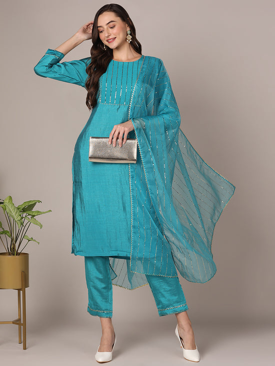 Ahika Women Teal Poly Chanderi Solid Yoke Design Straight Kurta Trouser With Dupatta