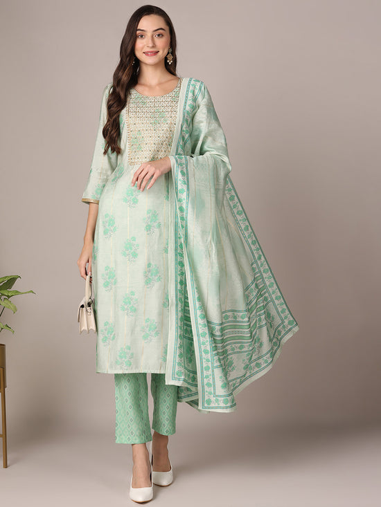 Ahika Women Sea Green Silk Blend Floral Yoke Design Straight Kurta Trouser With Dupatta