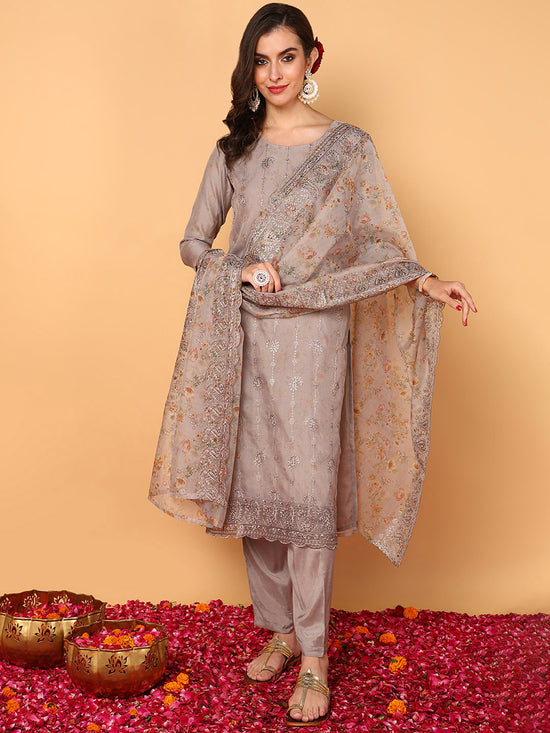 Ahika Women Grey Organza Floral Embroidered Straight Kurta Trouser With Dupatta