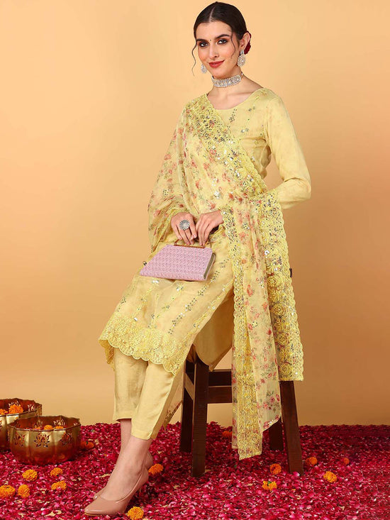 Ahika Women Yellow Organza Floral Embroidered Straight Suit Set