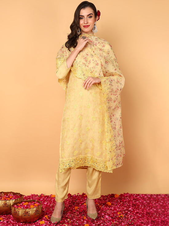 Ahika Women Yellow Organza Floral Embroidered Straight Kurta Trouser With Dupatta