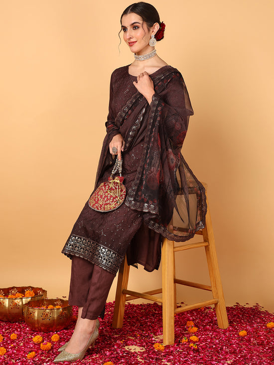 Ahika Women Brown Organza Ethnic Motifs Embroidered Straight Suit Set