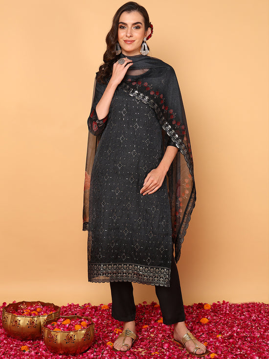 Ahika Women Black Organza Floral Embroidered Straight Kurta Trouser With Dupatta