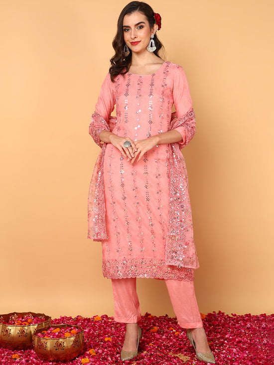 Ahika Women Pink Organza Floral Embroidered Straight Kurta Trouser With Dupatta