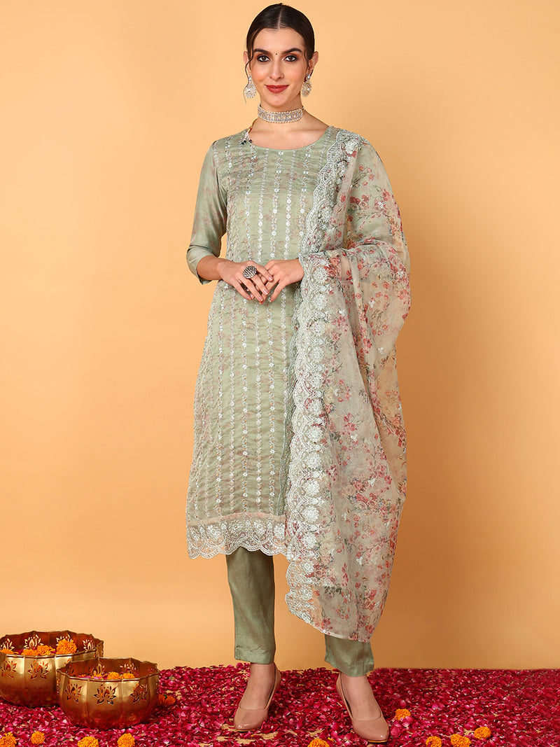 Ahika Women Green Organza Floral Embroidered Straight Suit Set