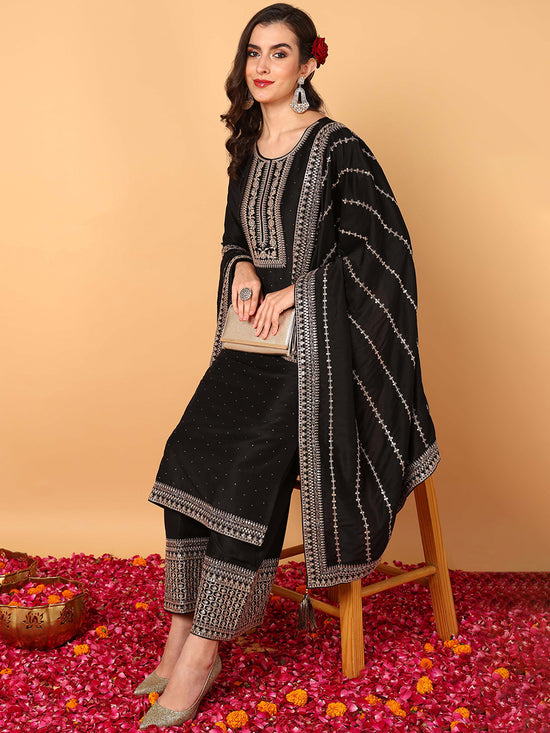 Ahika Women Black Silk Blend Solid Embroidered Straight Kurta Palazzo With Dupatta