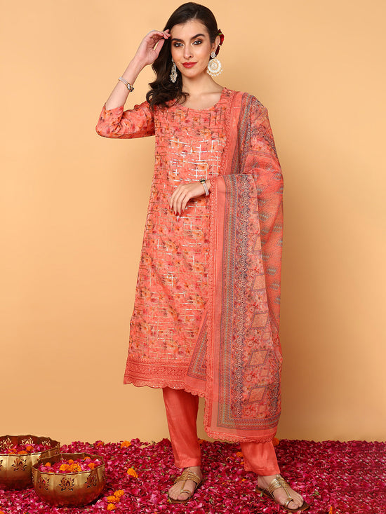 Ahika Women Coral Organza Ethnic Motifs Embroidered Straight Kurta Trouser With Dupatta