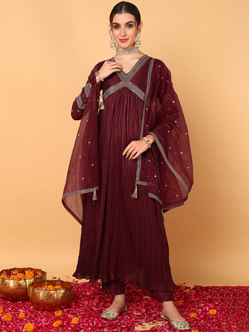Ahika Women Maroon Silk Blend Solid Embroidered Flared Suit Set