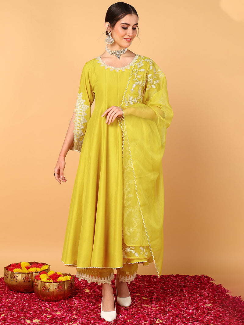 Ahika Women Yellow Silk Blend Solid Embroidered Flared Suit Set