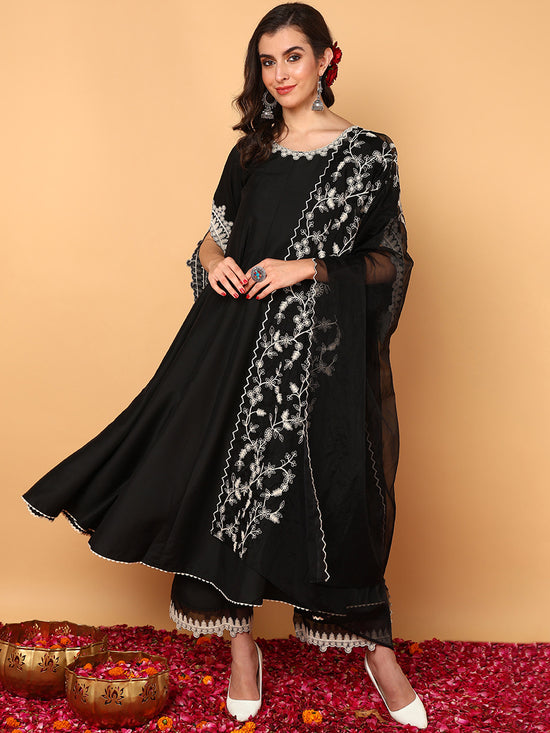 Ahika Women Black Silk Blend Solid Embroidered Flared Kurta Trouser With Dupatta