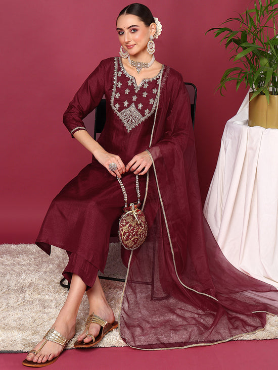 Ahika Women Burgundy Silk Blend Solid Yoke Design Straight Kurta Trouser With Dupatta