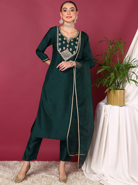 Ahika Women Green Silk Blend Solid Yoke Design Straight Kurta Trouser With Dupatta