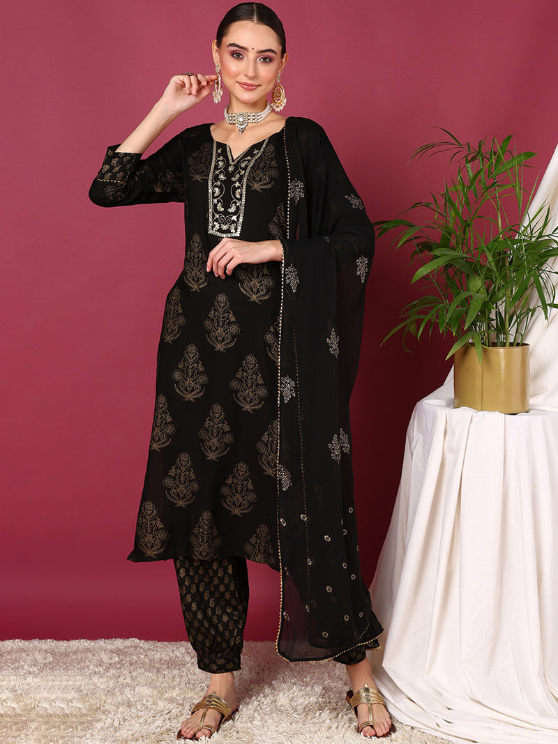 Ahika Women Black Viscose Rayon Solid Woven Design Straight Kurta Salwar With Dupatta