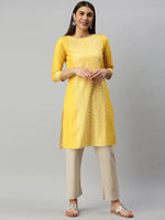 Ahika Women Poly Crepe Yellow Floral Printed Straight Kurti