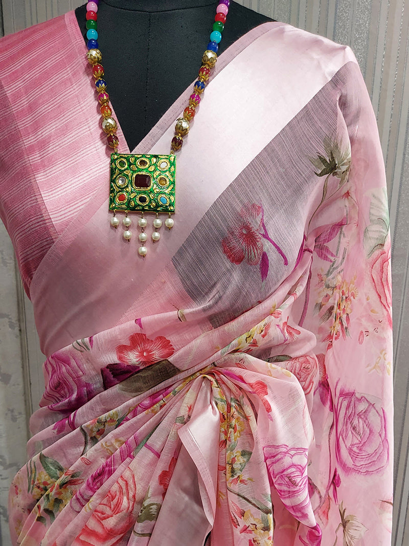 Sareemall Light Pink Satin Patta Women Saree