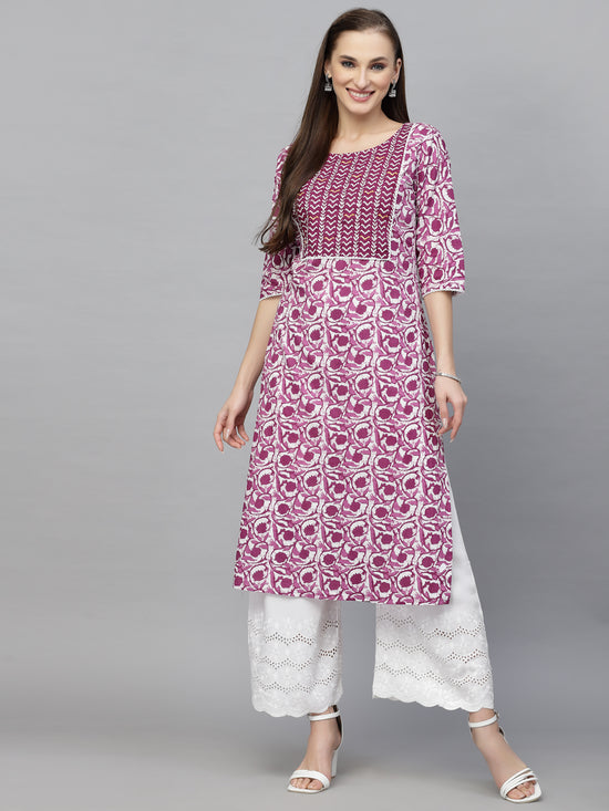 Women's Purple Printed Cotton Slub Straight Kurta