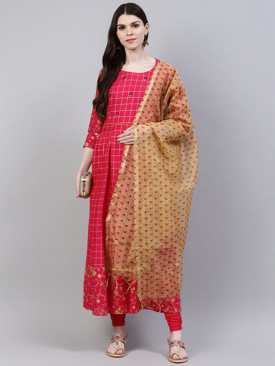 Women's Embroidered Rayon Flared Kurta Dupatta Set