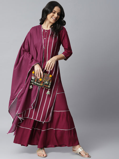 Women's Embellished Rayon Straight Kurta Sharara Dupatta Set