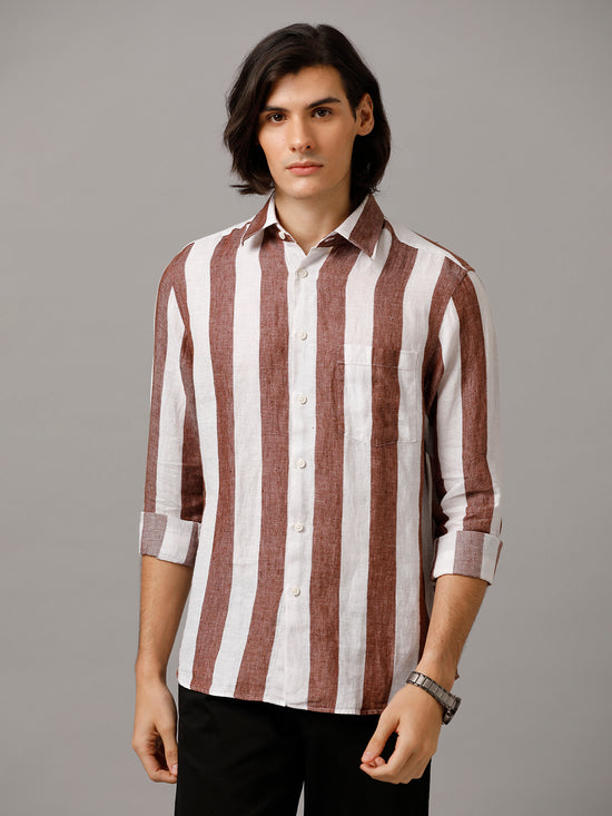 Men Striped Casual Brown & White Shirt