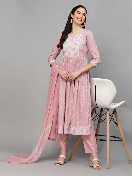 Women's Printed Rayon Naira Cut Kurta Pant Dupatta Set