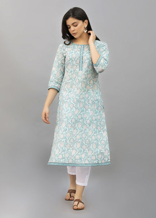 Navyaa Women's Sky Blue Color Printed Straight Viscose Kurti