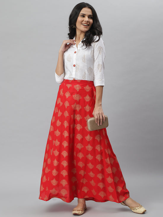 Printed Cotton Slub Shirt Skirt Set