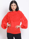 Frilled Red Smocked Women's Top