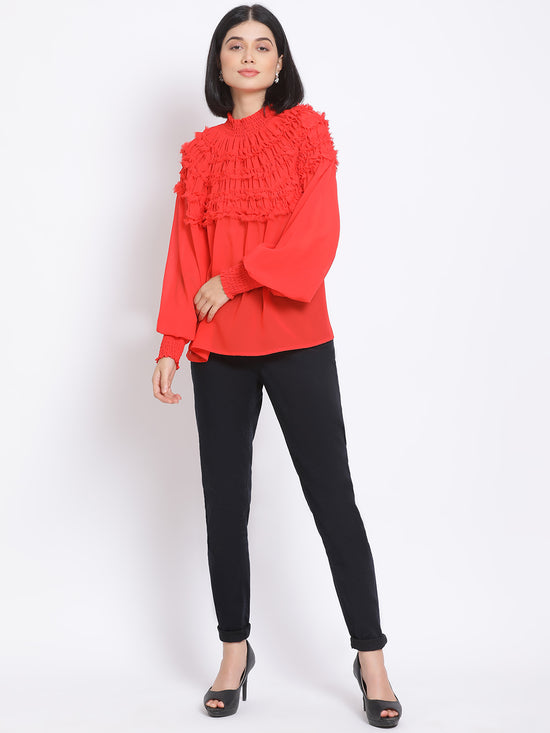 Frilled Red Smocked Women's Top