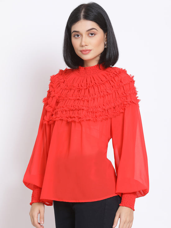 Frilled Red Smocked Women's Top