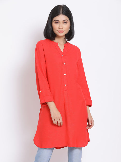 Flaming Red Button Women's Linen Blend Tunic