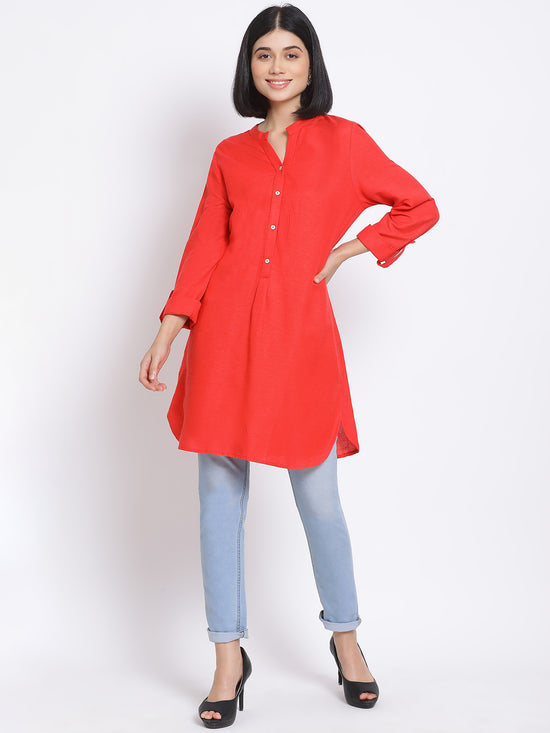 Flaming Red Button Women's Linen Blend Tunic