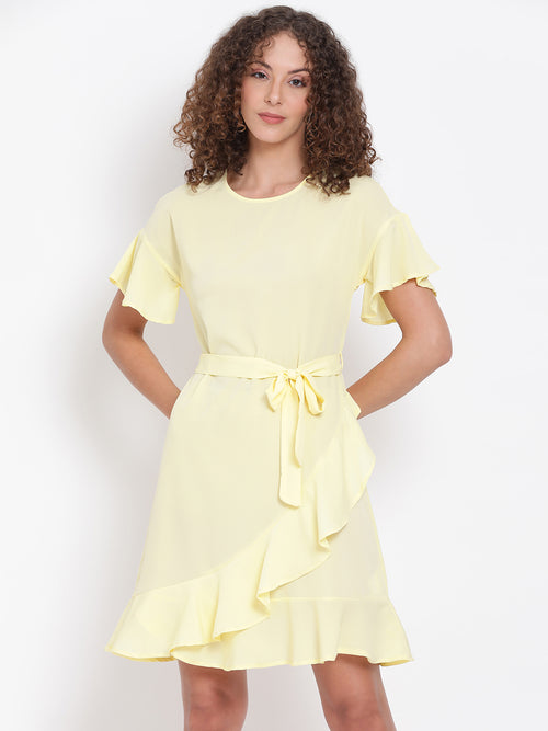 Pastel Yellow Frilled Tie-Up Dress