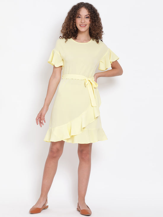 Pastel Yellow Frilled Tie-Up Dress