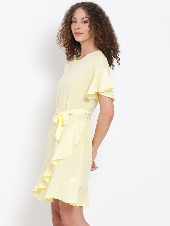 Pastel Yellow Frilled Tie-Up Dress