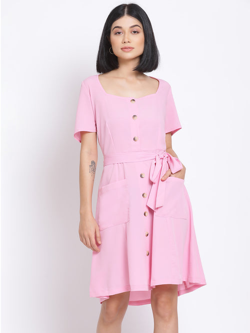 Blush Pink Button A-Line Women's Dress