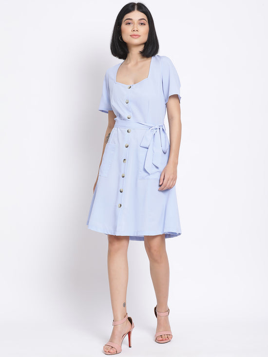 Powder Blue Button A-Line Women's Dress