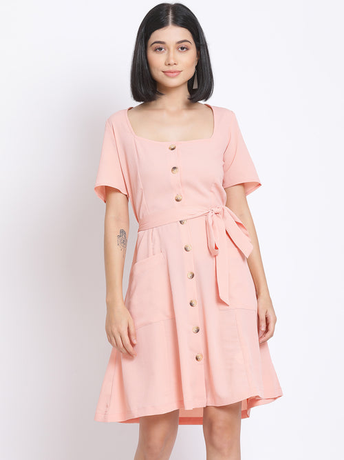 Peachy Pink Button A-Line Women's Dress
