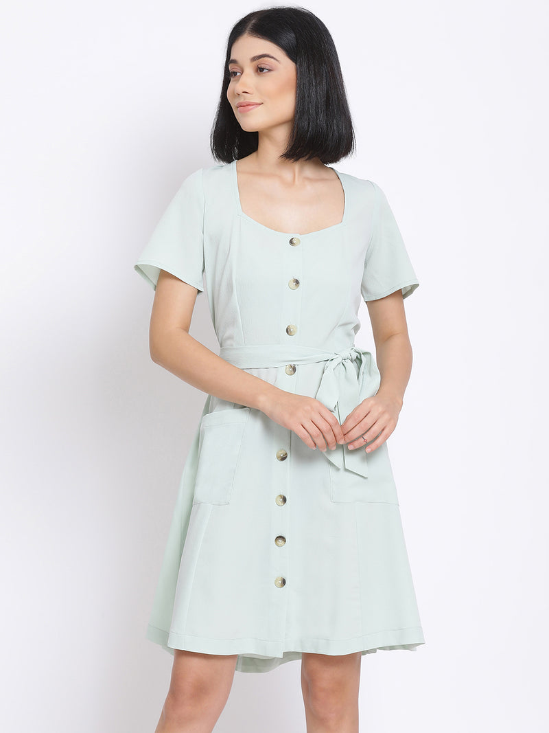 Sage Green Button A-Line Women's Dress
