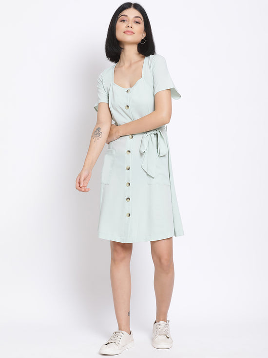 Sage Green Button A-Line Women's Dress