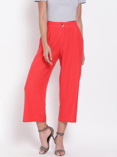 Red Ankle Length Linen Blen Pants