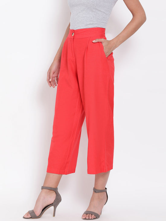 Red Ankle Length Linen Blen Pants