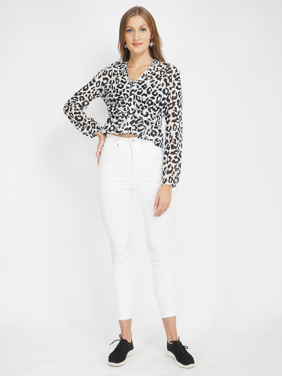 White Animal Print Women's Cropped Peplum Top