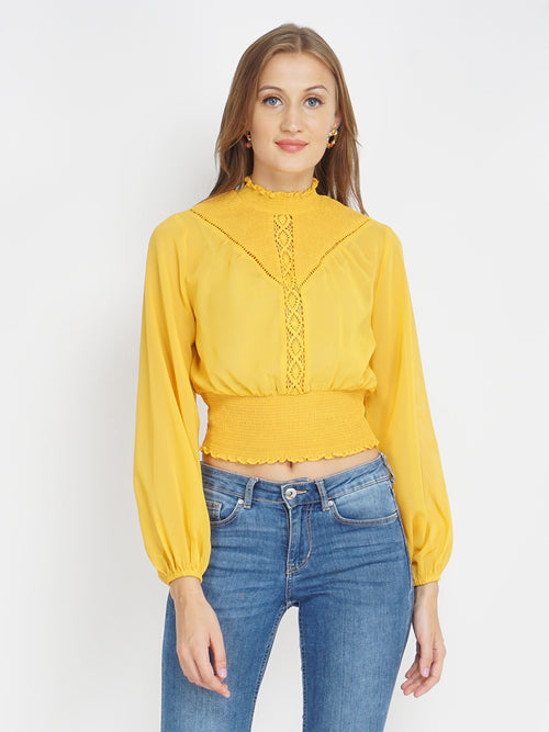 Sunshine Yellow Women's Crop Smocked Top