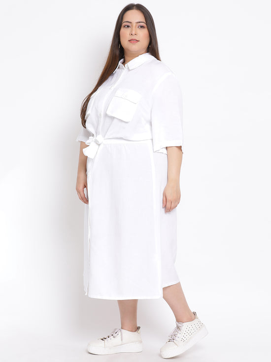 Basic White Plus Size Midi Shirt Linen Blend Dress