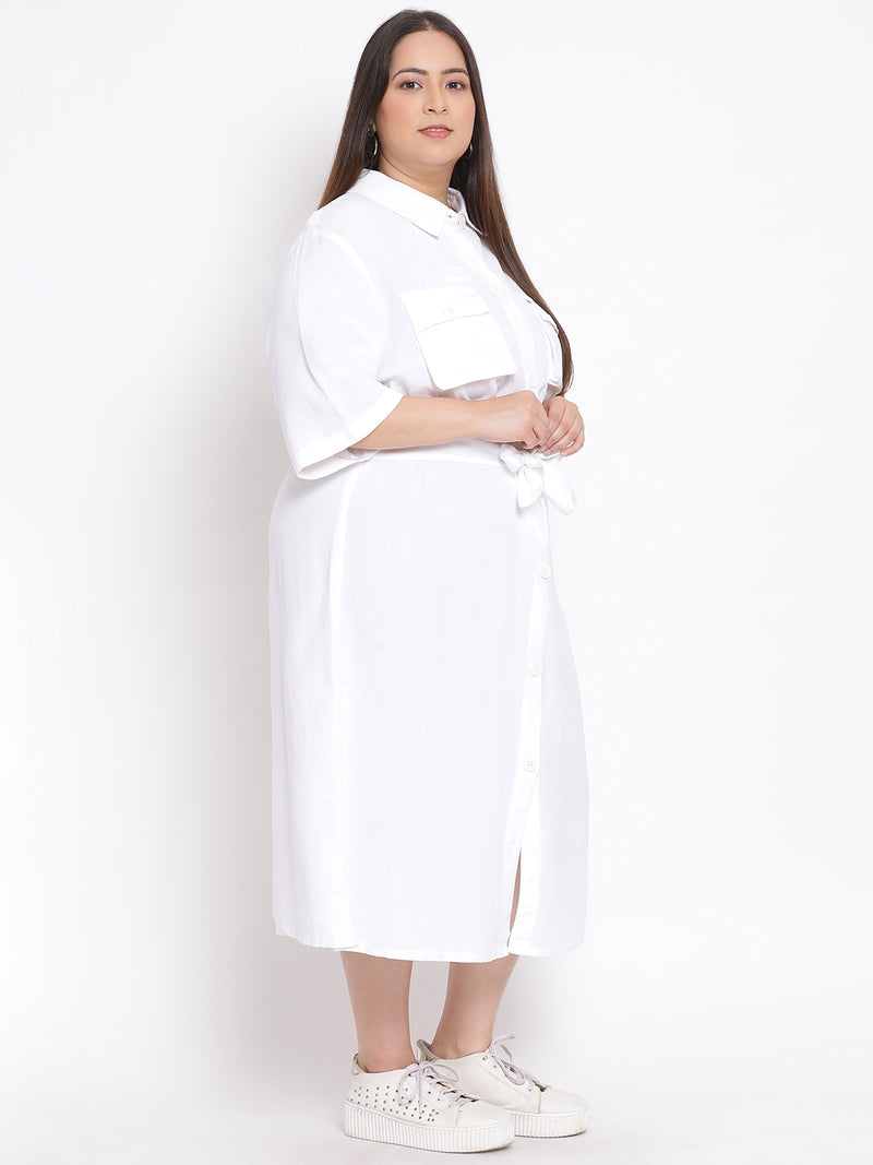Basic White Plus Size Midi Shirt Linen Blend Dress
