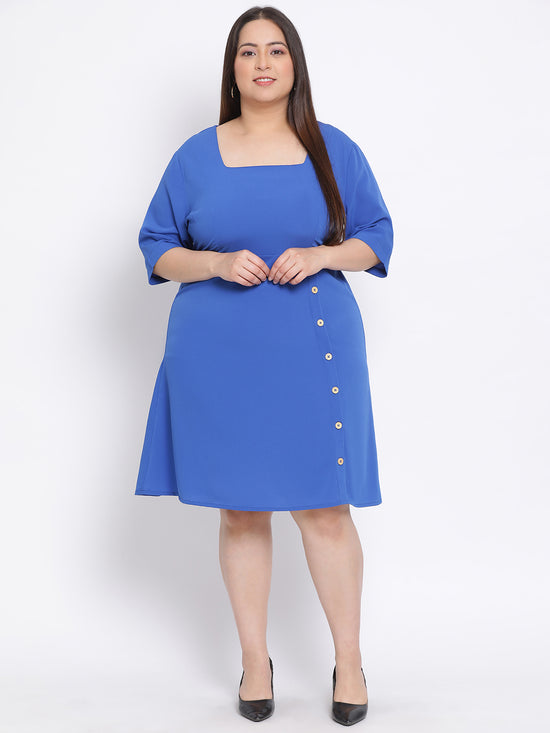 Cobalt Blue Basic Button Plus Size Dress