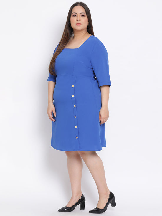 Cobalt Blue Basic Button Plus Size Dress