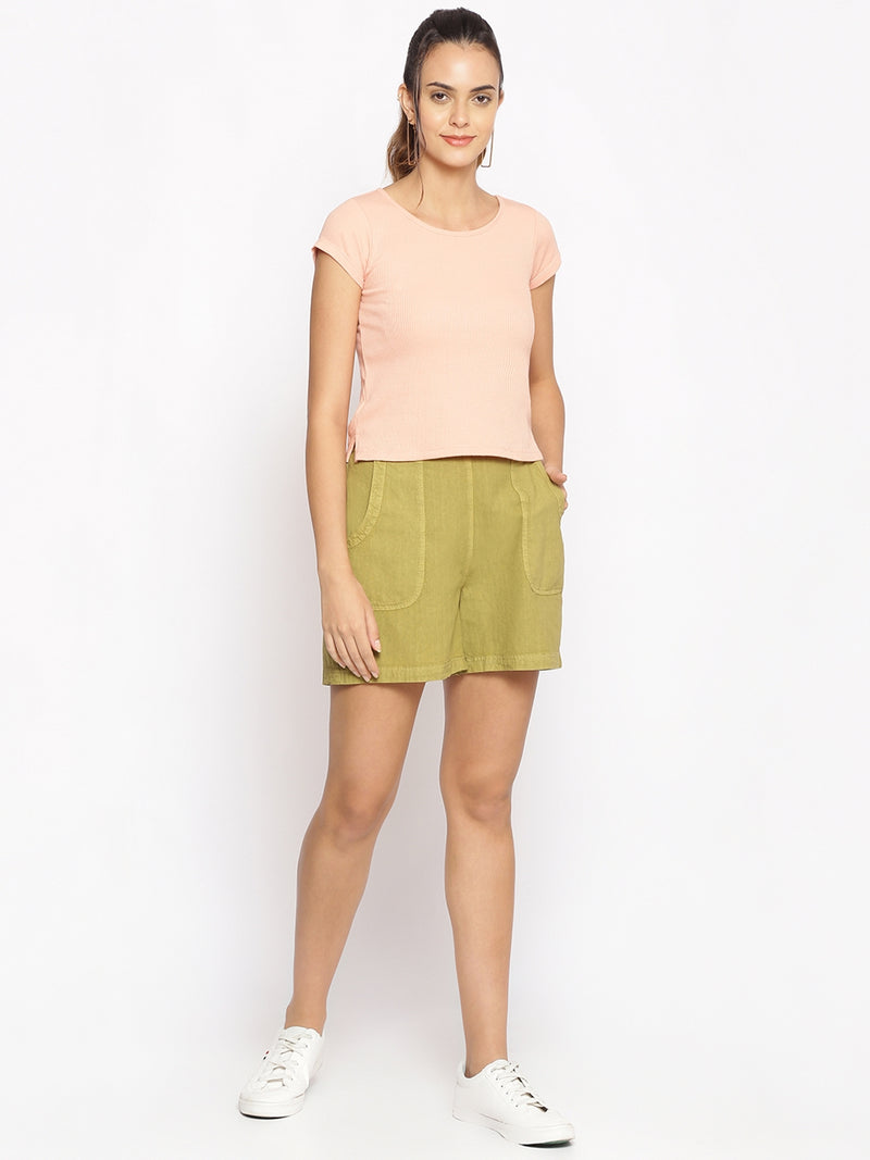 Cotton Washed Shorts in Olive Green