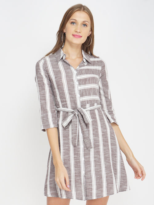 Taupe Striped Women's Button Down Tunic