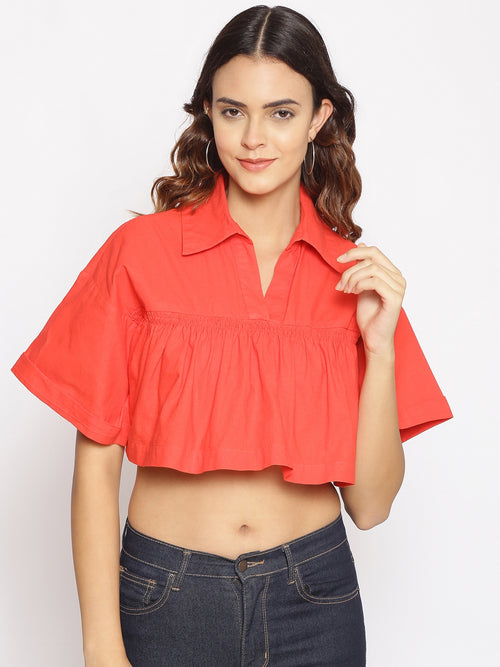 Coral Red Frilled Crop Top